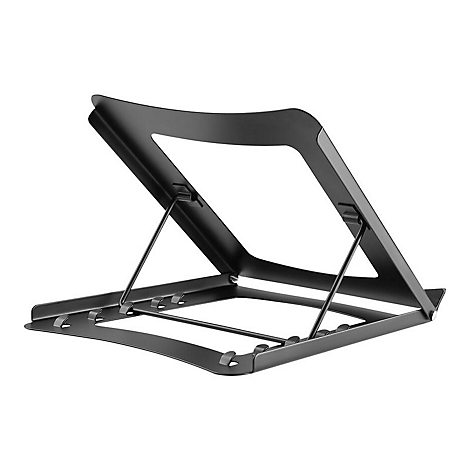 Schwarzer LaptopstÃ¤nder, offen, auf weiÃŸem Hintergrund. Metallrahmen mit schrÃ¤gen StÃ¼tzen.