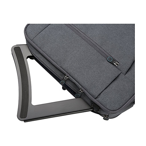 Graue Laptoptasche mit Trolley-Gestell. Detailaufnahme mit ReiÃŸverschlÃ¼ssen und Griff.