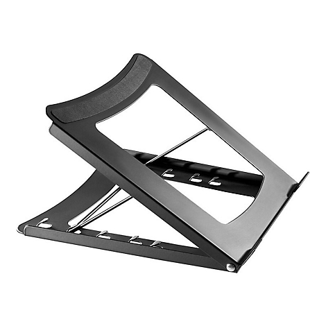 Ein schwarzer, zusammenklappbarer Laptop-StÃ¤nder, schrÃ¤g aufgestellt, vor weiÃŸem Hintergrund.