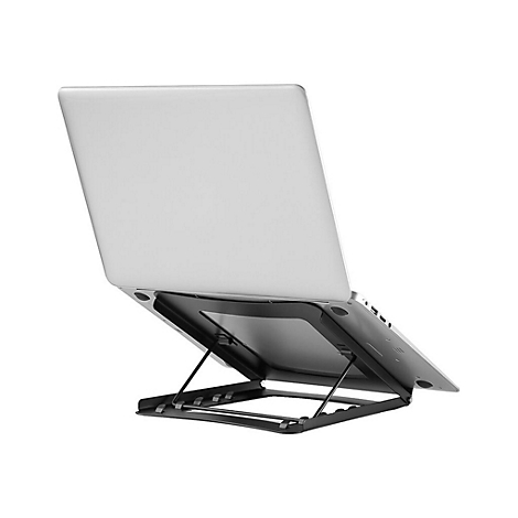 Grauer Laptop auf einem schwarzen, zusammenklappbaren StÃ¤nder. Die RÃ¼ckseite des Laptops ist zu sehen.