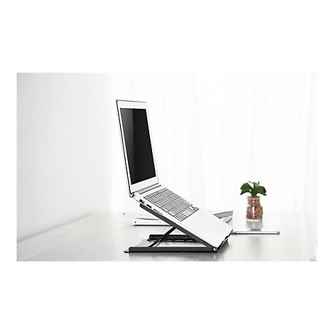 Ein silberner Laptop steht auf einem schwarzen Laptop-StÃ¤nder, der auf einem Tisch platziert ist. Im Hintergrund eine kleine Pflanze.