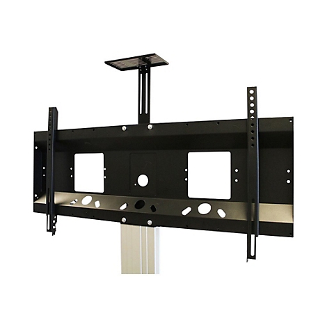 Schwarze TV-Halterung für die Deckenmontage, Metallkonstruktion, mit rechteckigen Löchern und vertikalen Streben.
