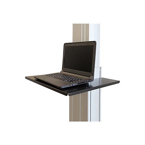 Schwarzes Laptop auf einer schwarzen Ablage, an einer weiÃŸen SÃ¤ule befestigt.