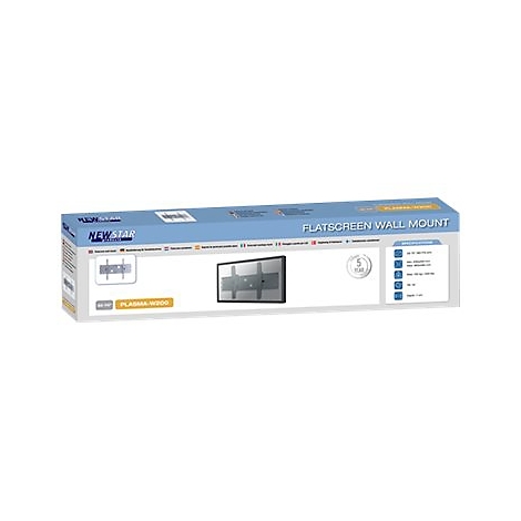 Eine Verpackung fÃ¼r eine Newstar Flachbildschirm-Wandhalterung. Aufschrift: Flatscreen Wall Mount, 5 Jahre Garantie.