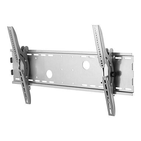 TV-Wandhalterung aus Metall vor weiÃŸem Hintergrund. Zwei verstellbare Arme sind an der Wandhalterung befestigt.