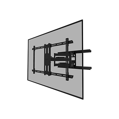 Support TV noir sur fond gris. Il est fixÃ© Ã  un Ã©cran rectangulaire gris, avec des supports et des bras.