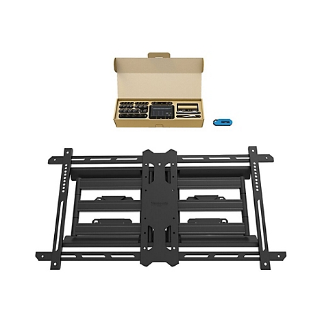 Support TV noir et accessoires, sur fond blanc. Comprend vis, outils et niveau bleu.