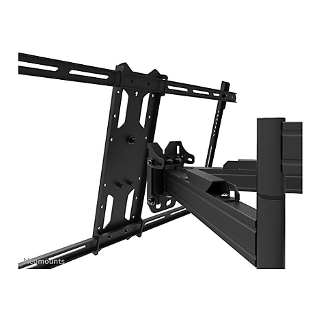 Support TV noir, vue détaillée; construction métallique avec trous et articulations.