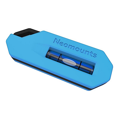 Niveau bleu avec le nom de la marque 'Neomounts'. Un niveau à bulle au centre pour mesurer l'alignement horizontal.