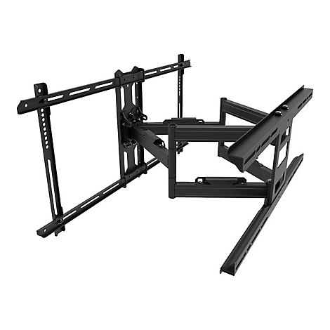 Support TV noir. Bras mobiles multiples, rail de montage avec trous.