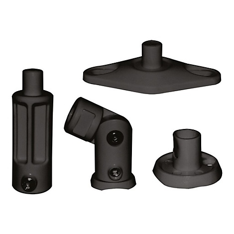 FÃ¼nf schwarze Metall-Bauteile in verschiedenen Formen: Zylinder, Eckverbinder, flache Basis mit Zapfen, RundfuÃŸ.
