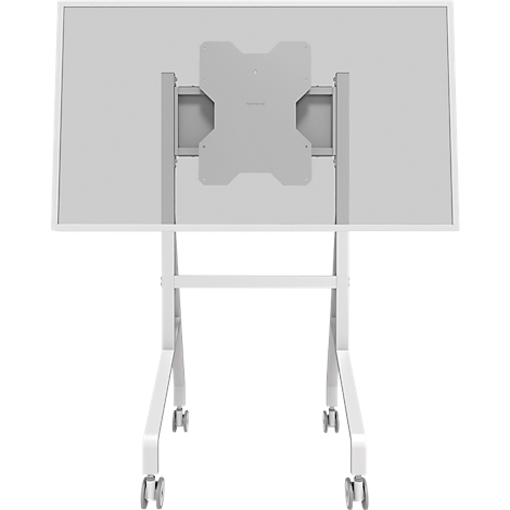 Tableau blanc sur un support roulant. Le dos du tableau blanc est visible, avec support et roulettes.