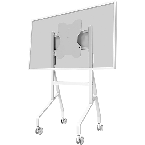 Un téléviseur blanc sur un support blanc à roulettes. Le support est en métal et a un design moderne.