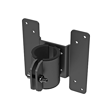 Schwarze Halterung mit zylindrischem Teil und Schraube. Zwei rechteckige Platten mit LÃ¶chern.