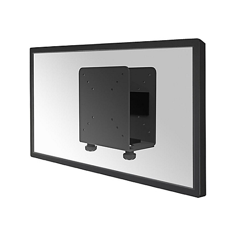 Schwarzer Wandhalter mit TV. Der Halter ist auf dem Display montiert. Im Detail sind Schrauben, AnschlÃ¼sse und StellfÃ¼ÃŸe zu sehen.