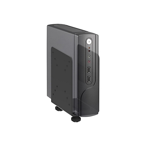 Schwarzer PC-Tower. Oben KnÃ¶pfe und AnschlÃ¼sse fÃ¼r USB und Audio.