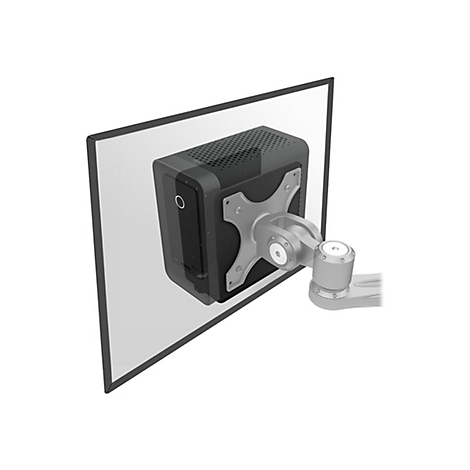 Ein schwarzer Mini-PC ist an einem Monitor befestigt und mit einem Monitorarm verbunden.