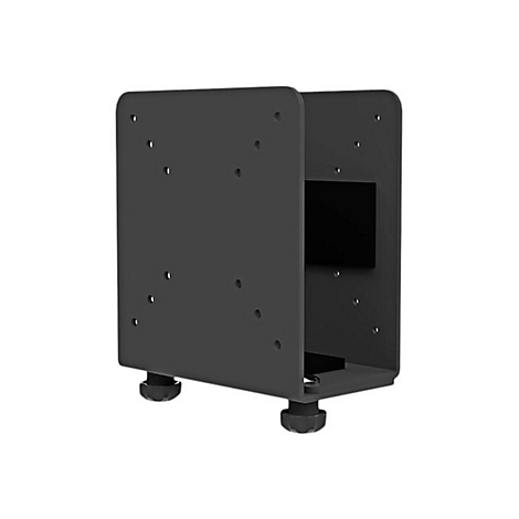 Schwarzer Metall-Halter fÃ¼r elektronische GerÃ¤te mit LÃ¶chern und verstellbaren FÃ¼ÃŸen.