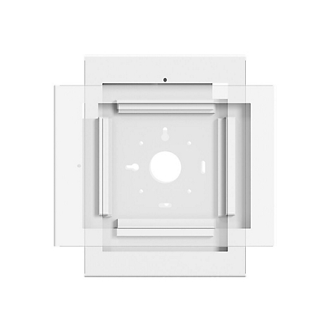 WeiÃŸes WandgehÃ¤use mit klarer, quadratischer Abdeckung. Zentraler, runder Ausschnitt, umgeben von Metallstreben.