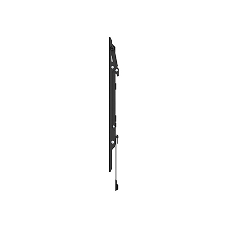 Vue latérale d'un support TV noir avec vis et câble sur fond blanc.