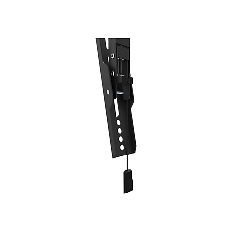 Détail d'un support TV noir, avec des découpes et un cordon suspendu.