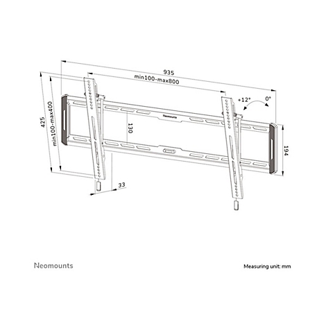 Dessin technique d'un support TV avec dimensions en millimètres. Le support est noir et présente différents angles et tailles.