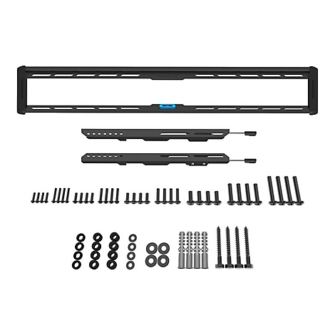Kit de montage TV noir sur fond blanc. Comprend un support, des rails, des vis, des rondelles et des chevilles.