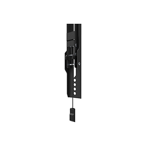 Gros plan d'un support mural de télévision noir. Support vertical avec vis, boutons et une pièce en plastique.