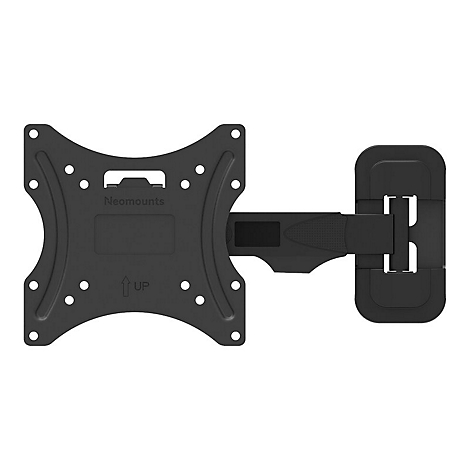 Schwarze TV-Wandhalterung, "Neomounts" Logo, Pfeil nach oben. Zwei Teile: Montageplatte und Arm mit Halterung.