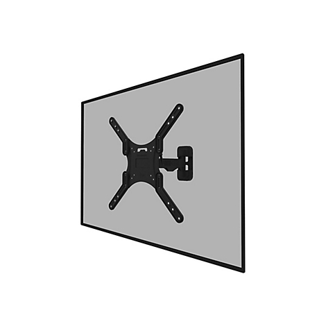 Schwarze TV-Wandhalterung vor grauem Hintergrund. Die Halterung ist an einem grauen Rechteck befestigt.