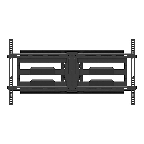 Schwarze TV-Wandhalterung, Detailansicht. Metallkonstruktion mit horizontalen Streben und Befestigungselementen.