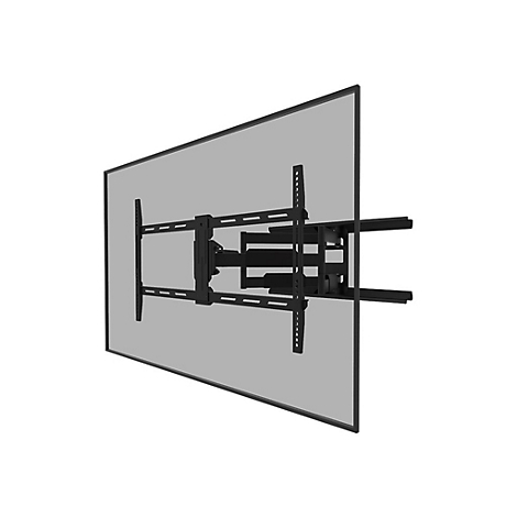 Eine schwarze TV-Halterung, die an einer grauen Wand montiert ist. Die Halterung ist im rechten Winkel ausgestellt.