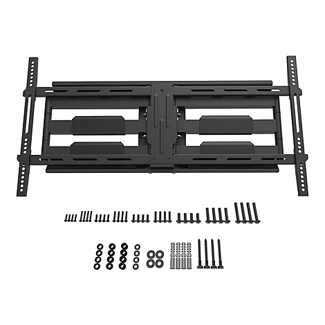 Support mural TV noir avec accessoires sur fond blanc. Le support comporte des éléments horizontaux et verticaux. Vis, rondelles et chevilles sont visibles.