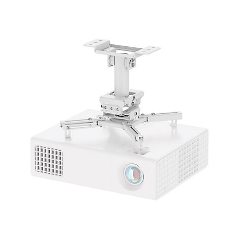 Weißer Projektor mit Halterung. Halterung mit Schrauben an der Decke befestigt, Projektor darunter.