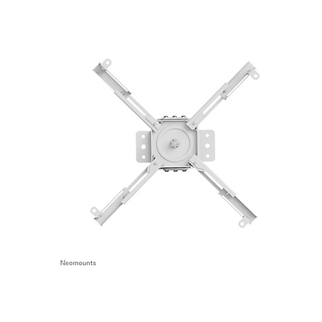 Weiße Deckenhalterung für einen Projektor, Blick von unten. Vier Ausleger gehen sternförmig vom Zentrum aus.