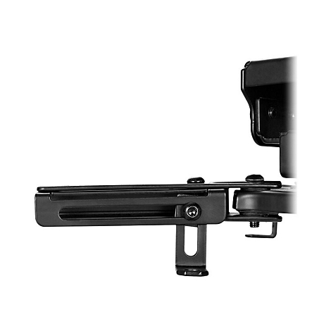 Nahaufnahme eines schwarzen Metall-Wandhalterungsarms für Monitore.