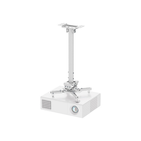 Weißer Deckenprojektor mit Halterung. Der Projektor hat ein Objektiv und Lüftungsschlitze.