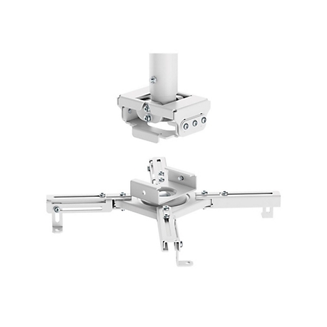 Halterung für einen Projektor. Metall, weiß, mit Schrauben. Oben ein Teil, unten ein Teil, um den Projektor zu befestigen.