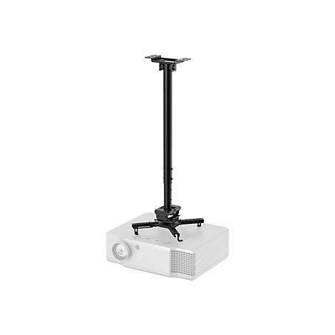 Projektorhalterung mit Projektor, in Schwarz, vor weißem Hintergrund. Der Projektor ist weiß.