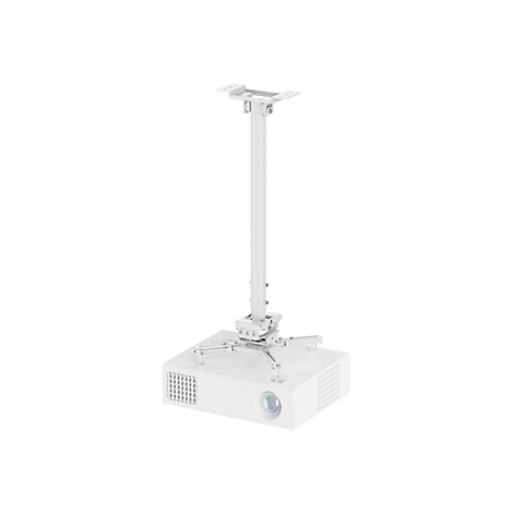 Weißer Deckenprojektor mit Halterung. Der Projektor hat ein Objektiv und Belüftungsschlitze.