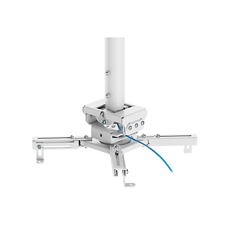 Halterung für einen Projektor. Metallkonstruktion, weiß lackiert, mit Kabel. Blickwinkel von unten.