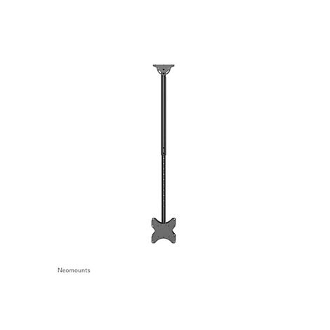 Schwarze TV-Deckenhalterung mit Stange und Montageplatte, vor weißem Hintergrund. Unten links 'Neomounts'.