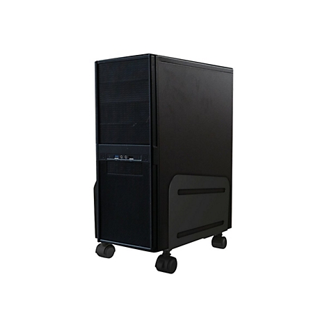 Schwarzer PC-Tower in einem Rollständer auf weißem Hintergrund.