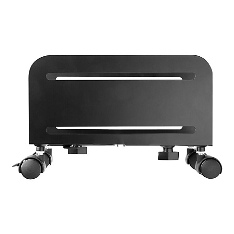Schwarzer, verstellbarer PC-Halter aus Metall mit zwei horizontalen Schlitzen und vier Rollen auf weißem Hintergrund.