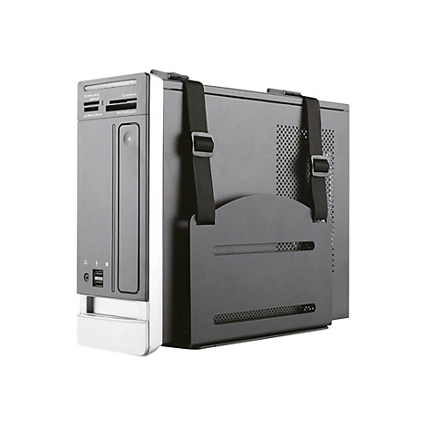 Ein schwarzes PC-Gehäuse mit Halterung und Haltegurten, die es an der Wand oder einem anderen Ort befestigen können. Das Gehäuse ist leicht angewinkelt.