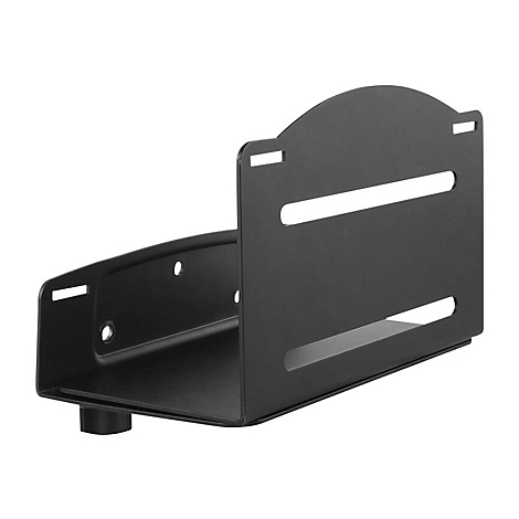 Schwarze Metallhalterung für ein Gerät, rechteckig, mit Löchern und Schlitzen.