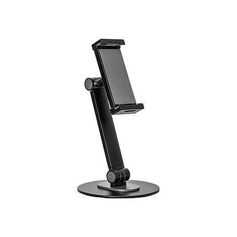 Schwarzer Tablet-Halter mit Tablet, auf grauem Rundfuß, vor weißem Hintergrund.