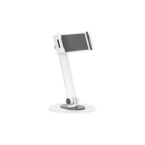 WeiÃŸer Tablet-Halter, der auf einer runden Basis steht und einen schwarzen Halter fÃ¼r das Tablet hat.