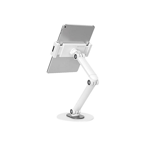 Weißer Tablet-Halter mit Tablet. Der Arm ist flexibel.