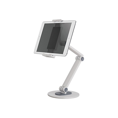 Ein weißer, schwenkbarer Tablet-Halter auf einem runden Fuß mit eingesetztem Tablet.